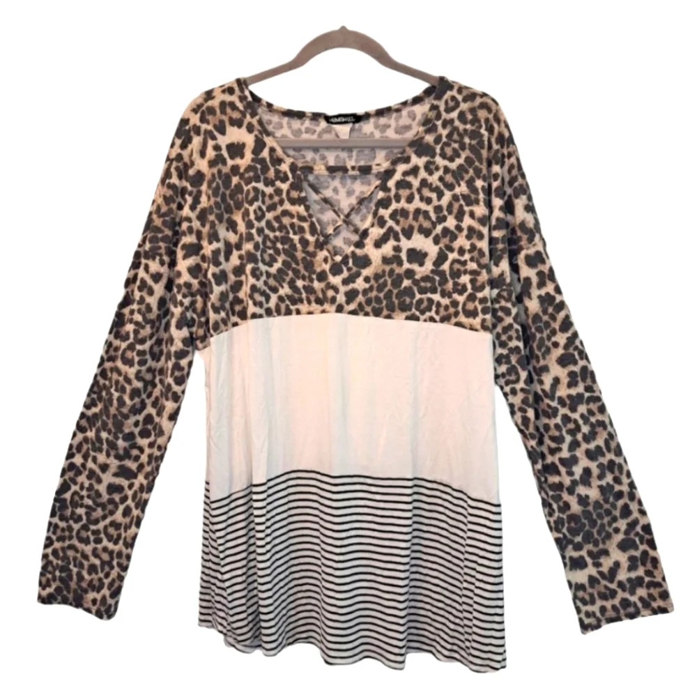 Heimish USA Leopard Colorblock Strappy Neck Long Sleeved Shirt Plus Size 3X